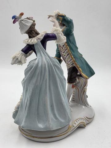 Vintage German Dresden Lace Porcelain Courting Couple Figurine Hand Painted 7.5"