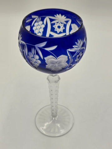 Nachtmann Saphire Blue Lead Crystal Wine Glass Grapes Floral Cut 8.5" Stemware