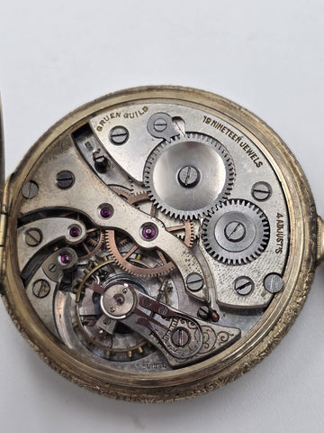 Rare Antique 1920 Gruen Guild 19  Pocket Watch GF Wadsworth Case Swiss. Works