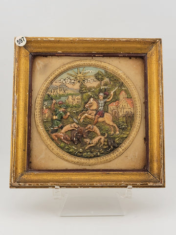Rare Antique GERMAN MINIATURE WAX PAINTING "WILD BOAR HUNT" 1900s 16th C Style.