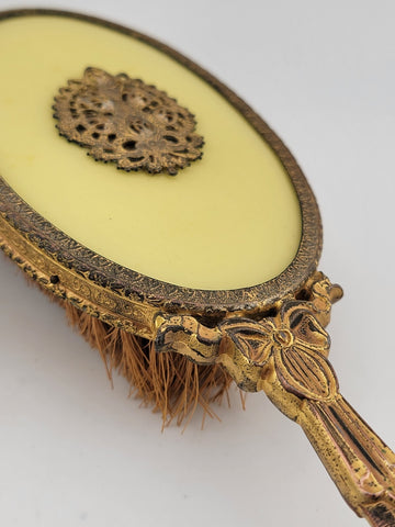 ANTIQUE 19th C Victorian 2-PIECE HANDHELD BRASS MIRROR & BRUSH SET Yellow Enamel