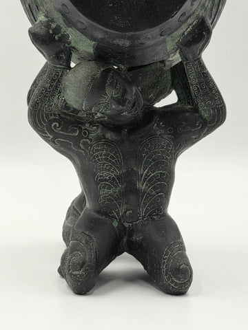 Antique Old China Bronze Ware Dynasty Dragon Head Kneel People Drum Statue 15 in