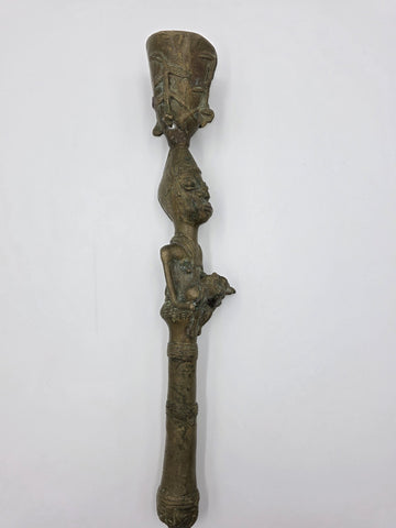 Vintage 1950's West African Bronze Ritual Staff Mother & Child Figural Sculpture