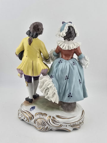 Vintage MCM Volkstedt Dresden Lace Porcelain Figurine GDR Courting Couple Rococo
