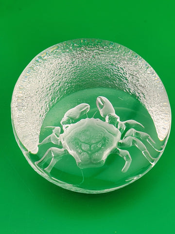 Rare Set Of 2 Mats Jonasson Owl And Crab MJ Sweden Art Glass Paperweights