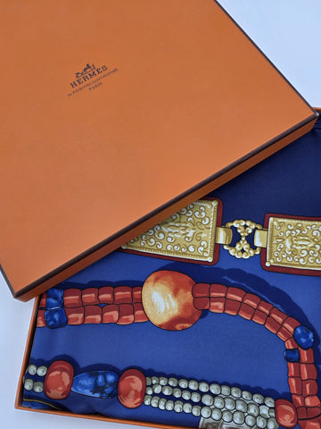 Hermès Silk Scarf 90 “Tibet” Cathy Latham Blue Red Gold Tibetan Jewelry Motif