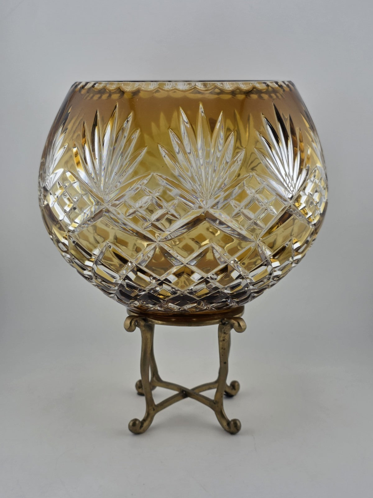 XL AJKA ODESSA CAROLINE amber gold cased cut clear Hungarian crystal rose bowl