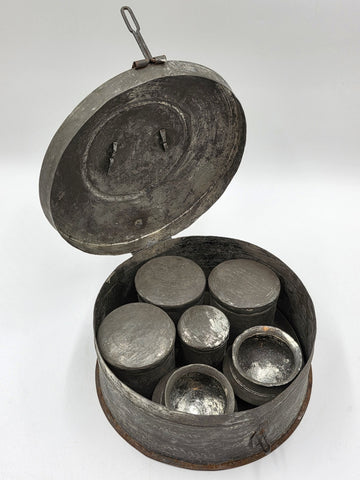 1800s Antique Toleware Apothecary/ Medicine Mixing Box, W Canisters in Round Tin