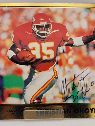 CHRISTIAN OKOYE, 8 x 10 Hand Signed KANSAS CITY CHIEFS Player Bio on Back