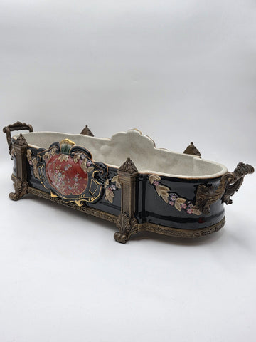 ANTIQUE XL CASTILIAN PORCELAIN BRONZE BOWL CENTERPIECE CLAWFOOT FLORAL VICTORIAN