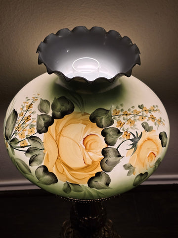 Antique Victorian Style Hurricane Lamp Electric Floral Shade Ornate Brass Base