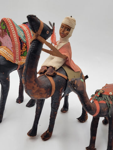 Rare Set Of 3 Antique Handmade Leather Camels W Saddles Nativity. Circa 1910.
