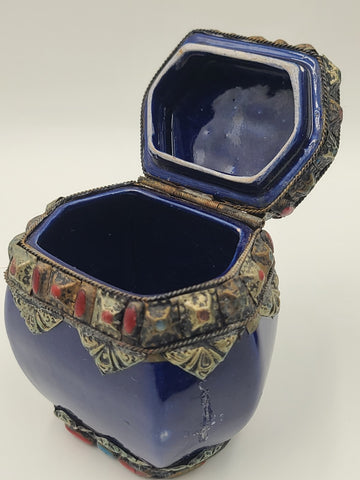 Vtg Mid Century Moroccan Berber Style Cobalt Ceramic Box Vase Metal Inlay Set