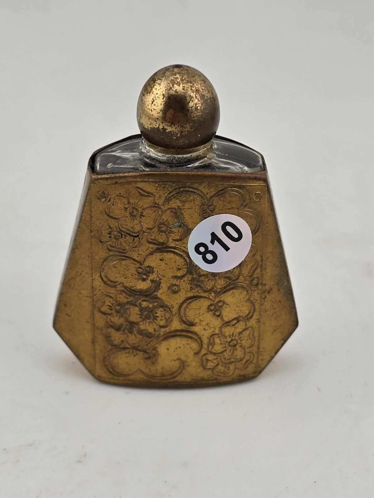 Mid Century Miniature French  Perfume Bottle in Gold Tone with Engraved Flowers.