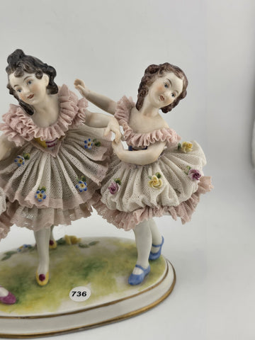 19th C Volkstedt Dresden Lace Porcelain Figurine Trio Ballerina Dancers Germany