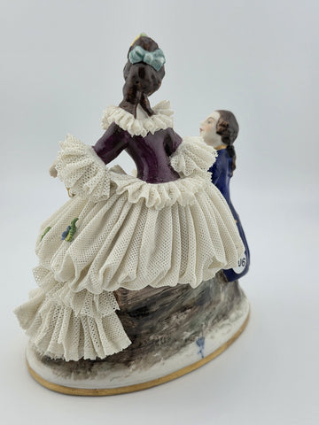 Vintage Sitzendorf Germany Lace Porcelain Courtship Scene Figurine Crown Mark.