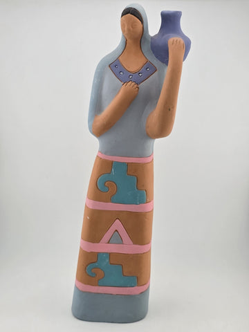 Vintage Handmade Painted Clay Indeginous Pottery Woman Holding Pot 15" High