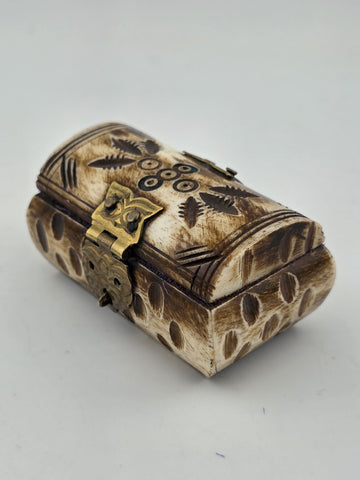 Antique Camel Bone Brass Cut Out Jewelry Trinket Box With Blue Felt Lining
