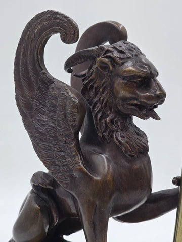 Rare Pair of Antique Late 19th C Heavy Bronze Griffin bookends/ Candleholders.