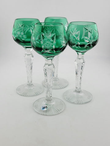 Set Of 4 Lausitzer Bohemian Crystal Green Cut Glass Etched. No Chips Or Cracks