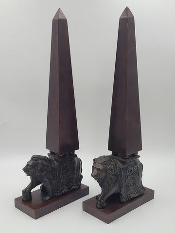Rare 21" Wildwood Accents Bronze Lion Wood Obelisk Bookends Pair Neoclassical