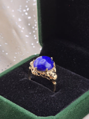 Antique 10K Solid Gold Lapis Lazuli Cabochon Ring Ornate Blue Statement. 6.75.