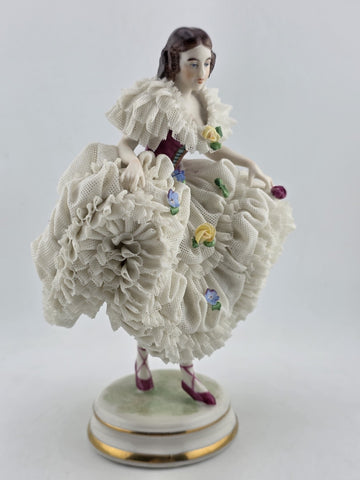 Antique Dresden Lace Porcelain Figurine Lady Dancer Flowers Germany MZ Crown 7”