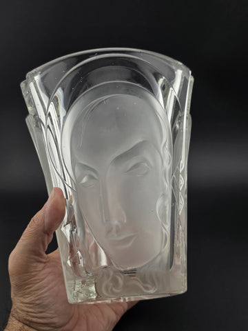 August Walther & Söhne Art Deco Glass Vase 3 Faces Man Woman Child 7"H Germany