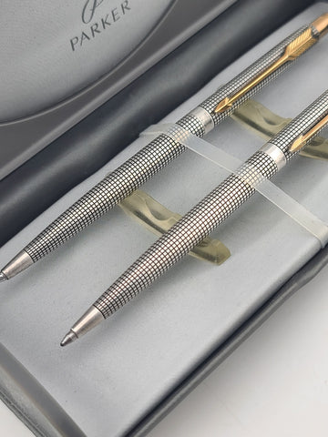 Vintage Parker Sterling Silver Pen & Pencil Set USA Engine Turned Original Case