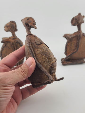 Rare Antique Set Of 3 Sitting Ethnic Tribal People Bronze Dogon Mali Africa