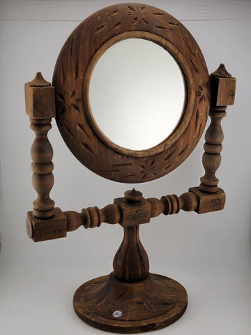 Vintage Wood Vanity Mirror Carved Swivel Round Gothic Witch Style