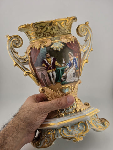 Rare Antique Mid 19th C French Vieux Paris Gilt Porcelain Urn Vase Court Scene
