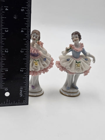 Vintage Dresden Style Porcelain Lace Ballerina Dancer Figurines Pair German 4"