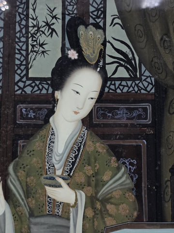 Antique Chinese Reverse Painted Glass Court Lady Portrait Hardwood Frame 14"