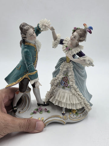 Vintage German Dresden Lace Porcelain Courting Couple Figurine Hand Painted 7.5"