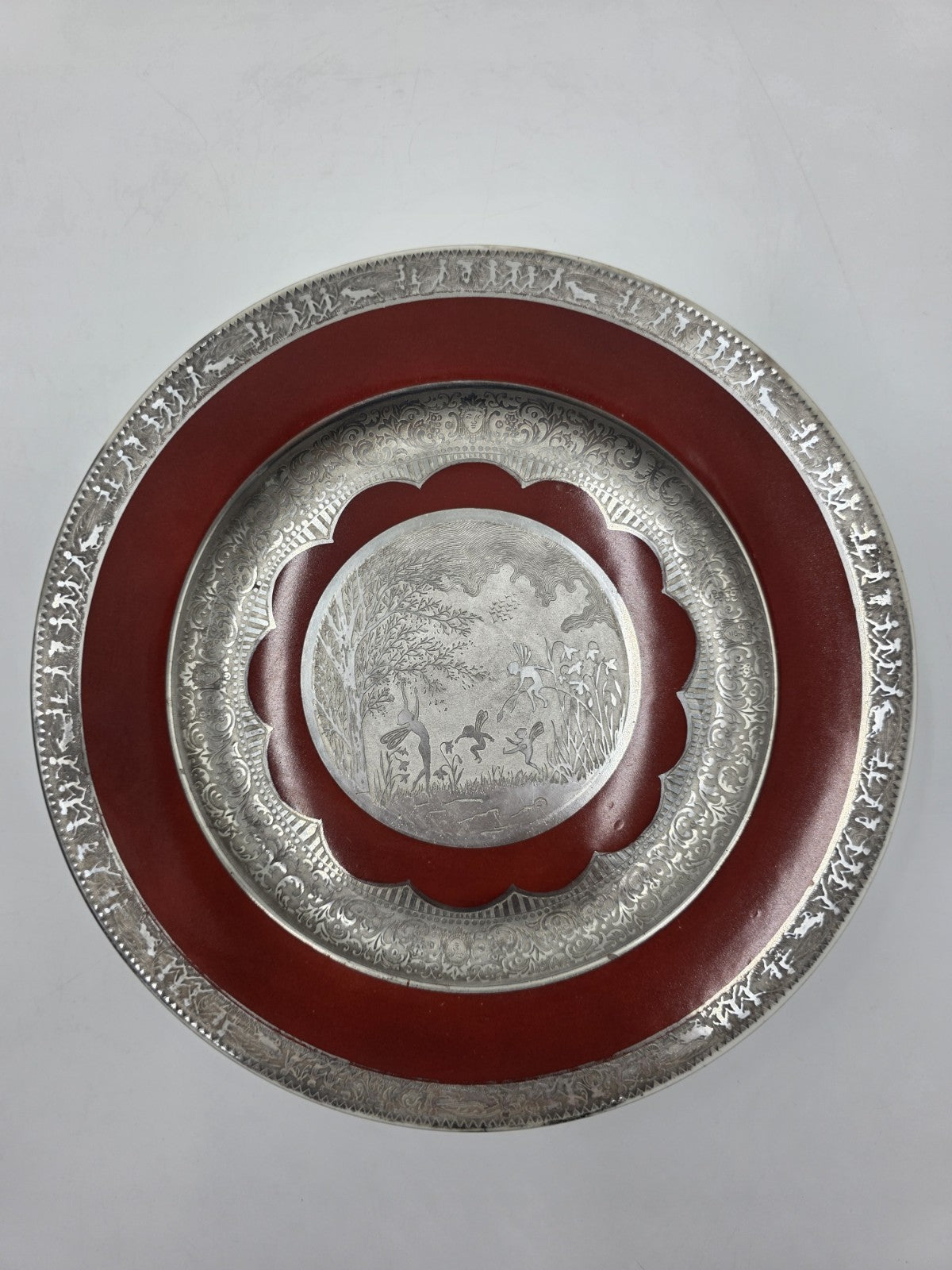 Set of 3 Antique Czech Silver Inlaid Red Enamel Fairy Plates c.1910 Art Nouveau