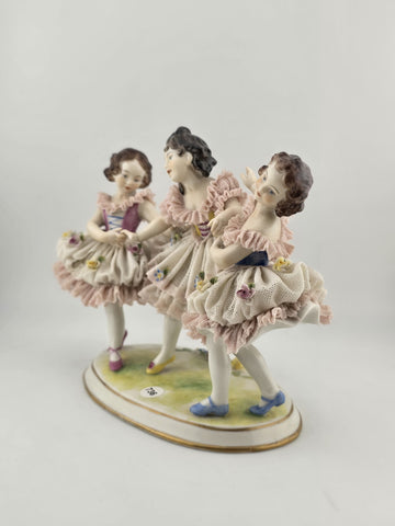 19th C Volkstedt Dresden Lace Porcelain Figurine Trio Ballerina Dancers Germany