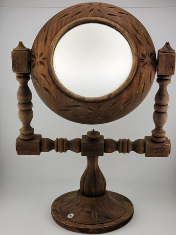 Vintage Wood Vanity Mirror Carved Swivel Round Gothic Witch Style