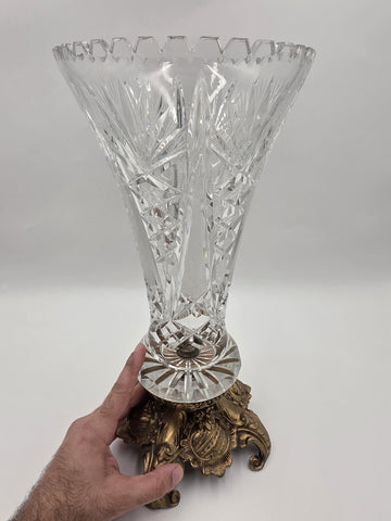 Rare Antique 19th C. Bohemian Cut Crystal Vase on Gilt Rococo Revival Stand