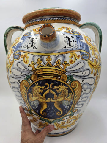 Rare Antique XL 19th C Italian Majolica Olive Oil Jar Heraldic Lions Handpainted