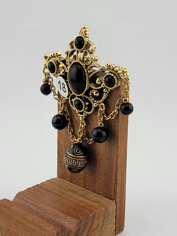 VTG 1928 BROOCH VICTORIAN REVIVAL BLACK GLASS BEAD DANGLE OPENWORK GOLDTONE PIN