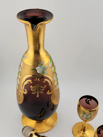 Vintage Murano Italy Ruby Red & Gold handpainted W Roses Decanter & 2 Glasses
