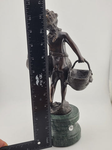 Antique Suzanne Bizard 1873 - 1963 Bronze Sculpture - Girl with Baskets 11 1/2"