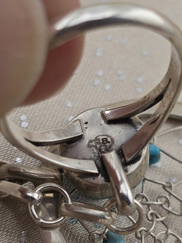 Vintage RB 925 Sterling Silver Turquoise Hand Chain Slave Bracelet Southwestern