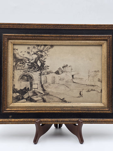 Rare Antique Framed Etching After Guercino "Ravine and Pool" Landscape Print