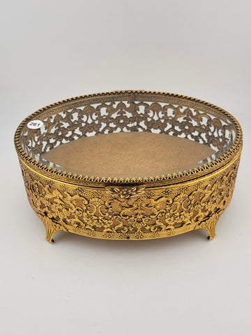 Vintage 1950s Hollywood Regency Ormolu Jewelry Casket Beveled Glass Filigree Box