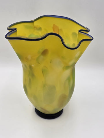 Vtg Azerbaijan Handblown Art Glass Vase Yellow Freeform Cobalt Rim Studio 11.5in
