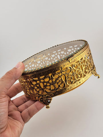 Vintage 1950s Hollywood Regency Ormolu Jewelry Casket Beveled Glass Filigree Box