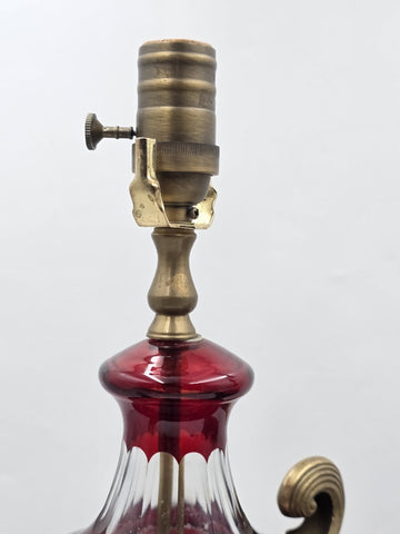 Pair Bohemian Ruby Red Crystal Lamp, Cut-to-Clear Czech Glass, Hollywood Regency