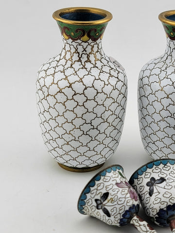 Gorgeous Assortment Of Mid Century  Cloisonne Including 2 VASES & 2 Baby Bells.